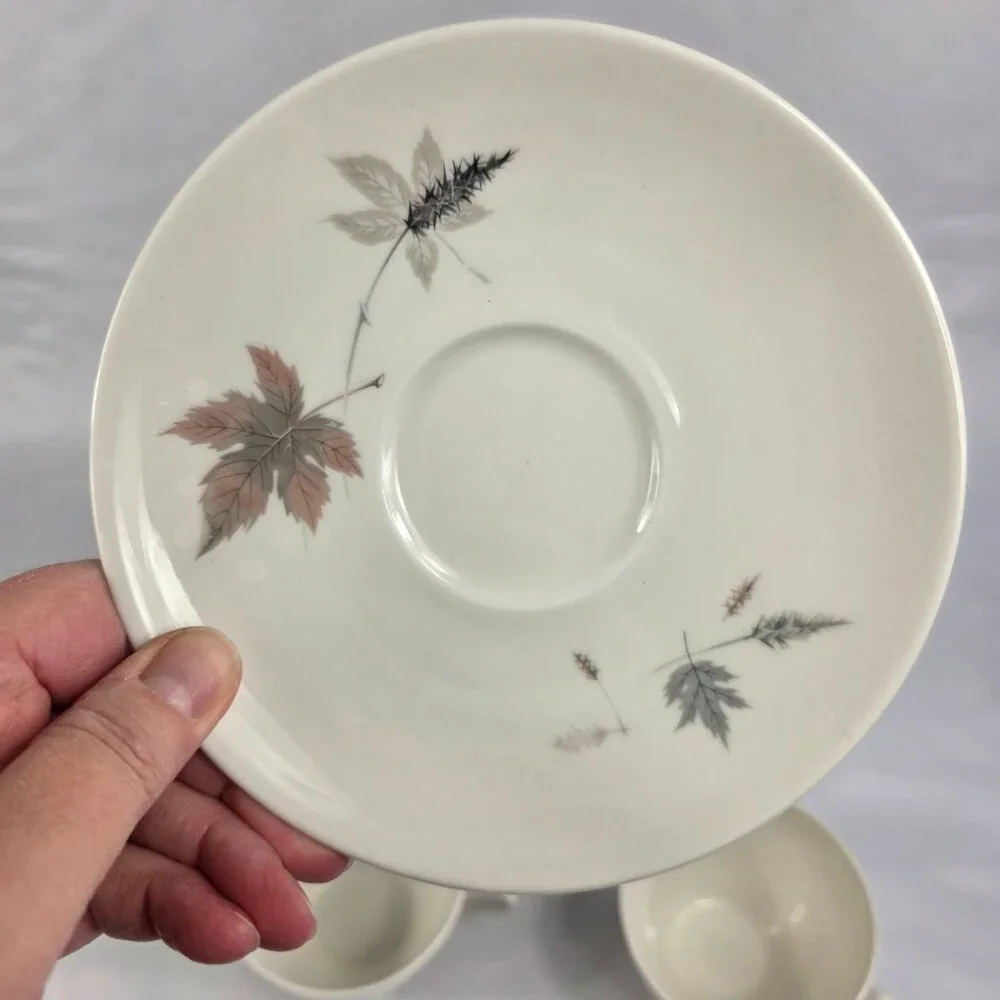 FOUR Royal Doulton Tumbling Leaves Cup & Saucer Sets Gray & Pink Leaves